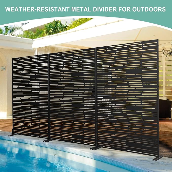 Metal Privacy Screen for Outdoor & Indoor Use, Free Standing Privacy Screen for Patio Garden Pool, 72" H x 47" W Decoative Privacy Panels, Weather Resistant, Easy Assembly (Black Shine)