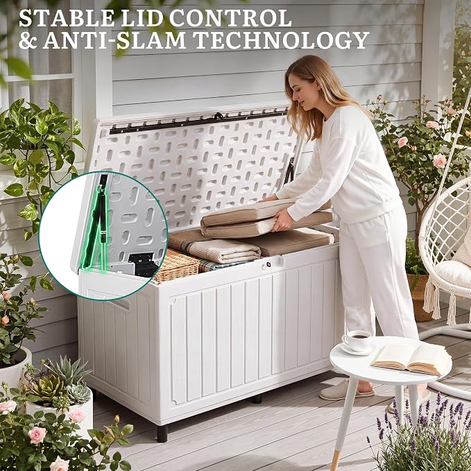 YITAHOME 90 Gallon Outdoor Storage Box with 6 Heavy-Duty Metal Legs & Ergonomic Dual Handles, Large Double-Wall Resin Deck Box, Lockable Waterproof Patio Organizer for Furniture, Cushions, White