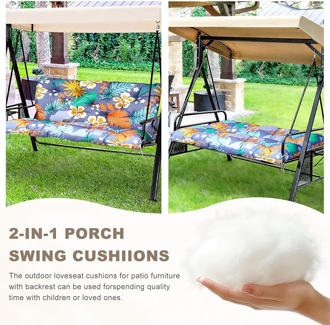 Porch Swing Cushion with Backrest,Waterproof Bench Cushion for Outdoor Furniture,2-3 Seater Replacement Thickened Swing Cushion with Ties,Patio,Outdoor,Backyard and Garden (Flower,47x40)