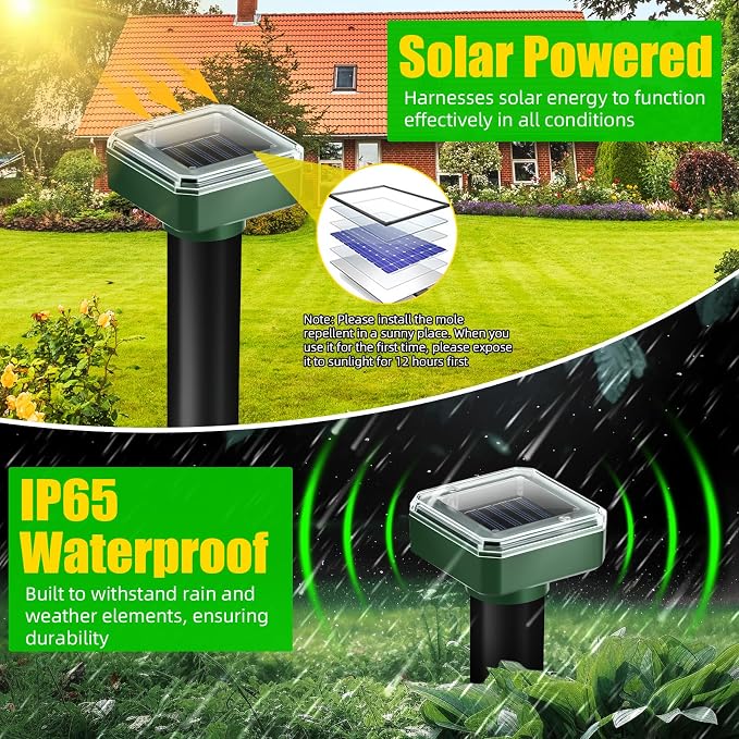 8 Pack Solar Mole Repellent Ultrasonic Gopher Repellent Outdoor Vole Chaser Sonic Mole Deterrent Stake Spikes Waterproof, Keep Moles, Gophers, Voles, Snakes, Groundhogs, Chipmunks Out of Yard Lawn