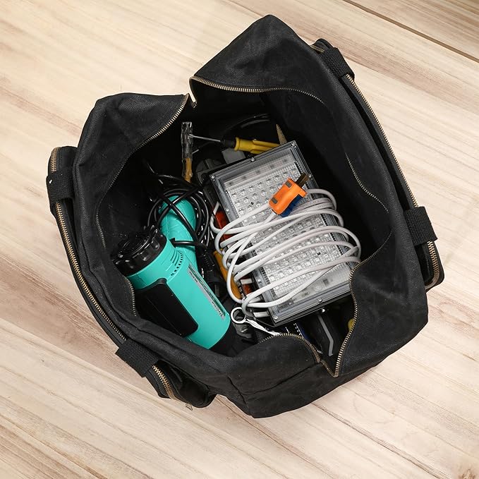 Canvas Tote Bag, 16OZ Waxed Canvas Tool Bag Organizer - 1 Large Capacity & 2 Zipper Pouches - Multipurpose Garden Tote, Tool Storage Tote for Horticulturist Contractor Plumber Electrician - Black