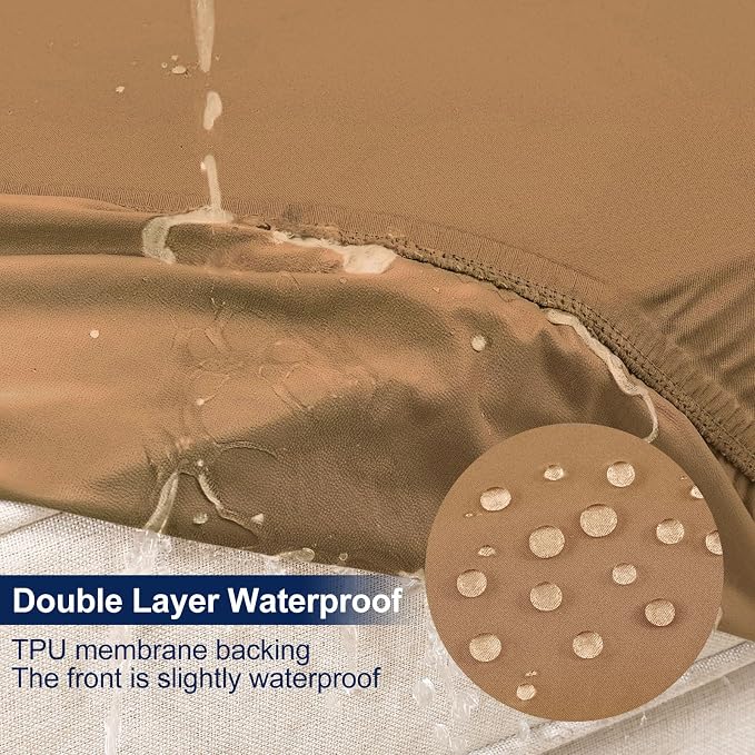 Smiry Waterproof Patio Cushion Covers, Stretch Outdoor Couch Slipcovers Replacement Washable Furniture Protector Sofa Chair Seat Cover for Dogs and Pets (8 Pcs, Camel)