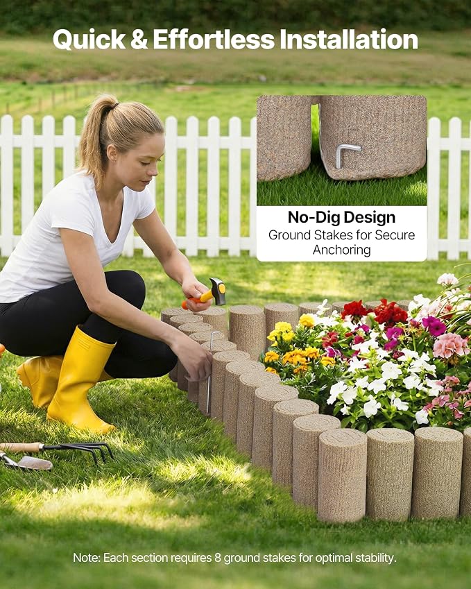 VEVOR No Dig Garden Edging Border, Faux Wood Landscape Edging, Flexible Plastic Lawn Edging for Tree, Flower Bed, Pathway, Yard, 4 Pack 10 Blocks 41.14"L x 3.74" W x 7.48"H, 32 Spikes Included, Beige