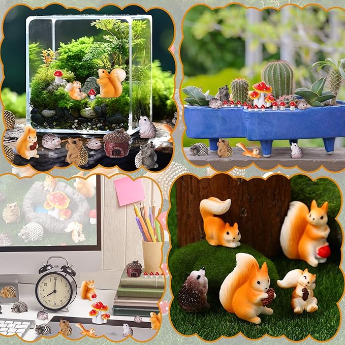 Fairy Garden Accessories, 34 Pieces Resin Squirrel Figures Miniature Garden Ornaments Hedgehog Mushroom Animal Kit for Outdoor DIY Terrarium Potted Plants Dollhouse Desk Decor