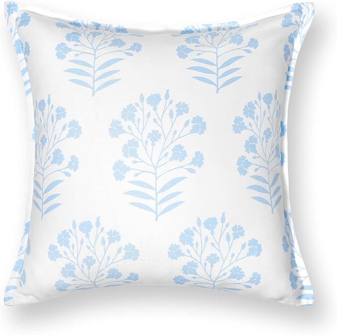Hofdeco Premium Coastal Patio Indoor Outdoor Throw Pillow Cover Only, 20"x20" Water Repellent for Backyard, Couch, Baby Blue Print Floral (Pack of 2)