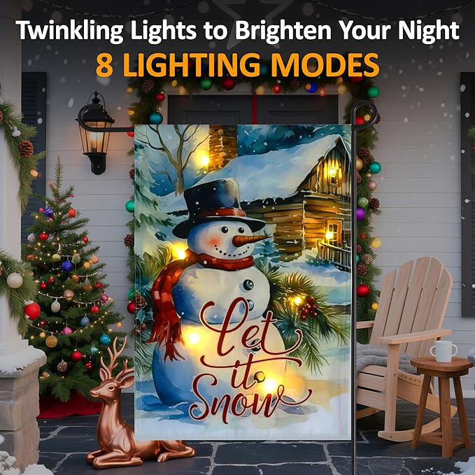 Christmas Garden Flag with Lights for Outdoor, 12x18 Snowman Double Sided Outdoor Flag, Led Solar Lighted Holiday Decoration, Winter House Yard Flags for Outside Lawn Porch Farmhouse Decor