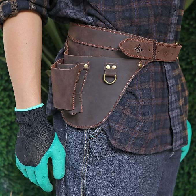Tourbon Genuine Leather Florist Tool Belt Gardening Bag Gardener Farmer Tools Holster Waist Pouch Electrician Carpenter Organizer Kit 3 Pockets (Brown, 42 inches)