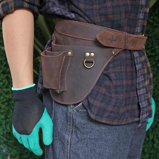 TOURBON Leather Tool Belt Gardener Florist Farmer Tools Holster Waist Pouch Electrician Carpenter Plumbing Organizer Bag with 3 Pockets