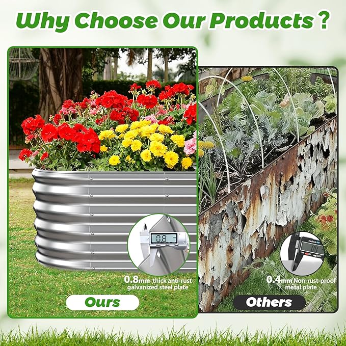 YSEJOMP 17" Tall Outdoor Garden Raised Garden Bed Kits, 5ft X 2ft Oval,0.8MM Thick Metal Raised Planter Bed/Ground Planter Box for Variety of Flowers,Herbs,Vegetables (Silver, 60X24X16.5 Inches)