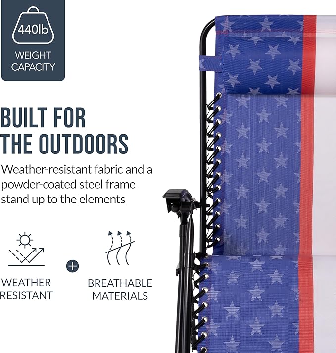 Best Choice Products Set of 2 Extra Wide Adjustable Steel Mesh Zero Gravity Lounge Chair Recliners w/Pillows and Cup Holder Trays - American Flag
