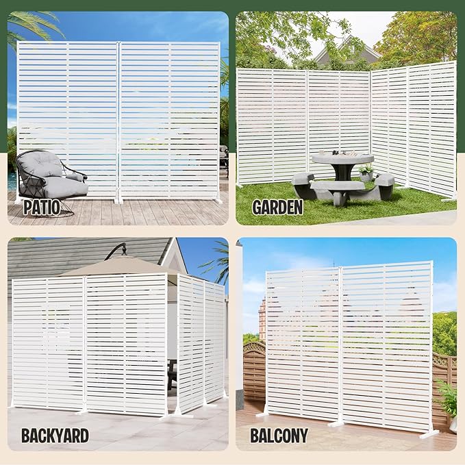 Outdoor Privacy Screen Panel 72" Freestanding Privacy Fence with Stand, HDPE Decorative Privacy Screens with Louvered 6 Panels, Weather-Resistant Panel Fence for Patio, Balcony,Pool, White