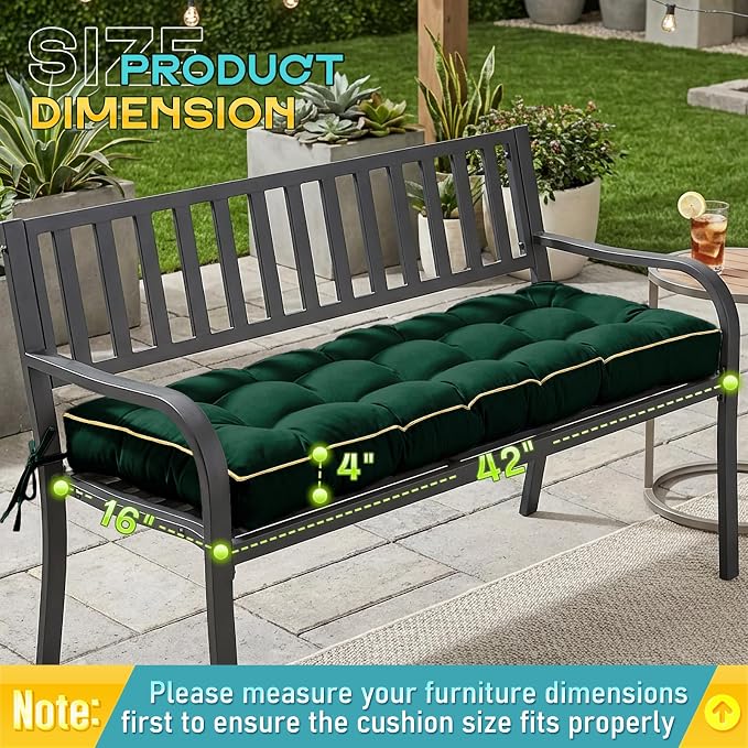Outdoor Bench Cushion, Tufted Patio Seat Pad for Garden Bench, Porch Swing, Indoor/Outoor Furniture (Green, 42X16X4)