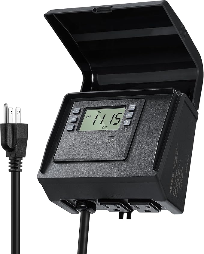 SURAIELEC Digital Pool Timer for Above Ground Pools, NEMA 5-15R Plug-in Timer with Dual Outlets, 15A 125V 1HP, Programmable 7-Day Schedule, Weatherproof Cover, for Pool Pumps, Lights and Salt Systems