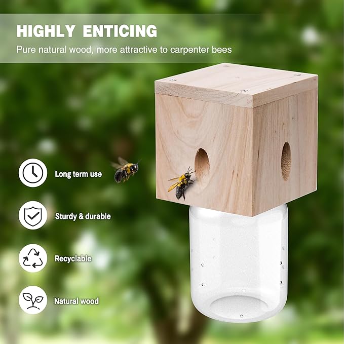 1 PCS Wood Carpenter Bee Trap for Outside - Best Bee Trap - Cube Style Nature Hanging Carpenter Bee Traps Plastic Jar Outdoor - Insect Traps