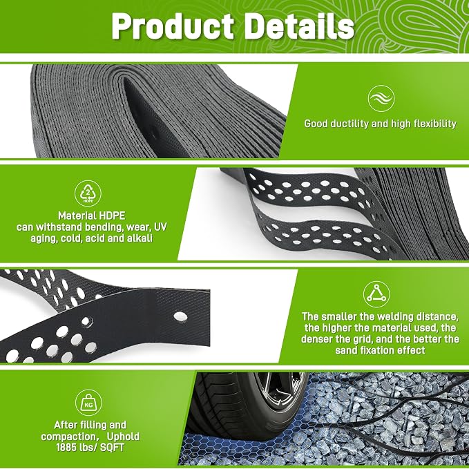Gravel Grid 4x33 FT-2" Depth HDPE Geo Grid 1885 lbs Per Sq Ft Load with U-Shaped Stakes & Connectors for Driveway, Patio, Shed Base, Parking Lot, Grass Stabilization, Black