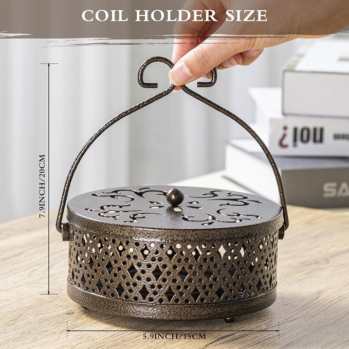 Lallisa Incense Coil Holder Sets, Round Metal Hanging Incense Burner with Handle and Lid, Portable Coil Burner Stand Container for Patio Camping Garden Home Indoor Outdoor Decor(Bronze Color,4 Pcs)