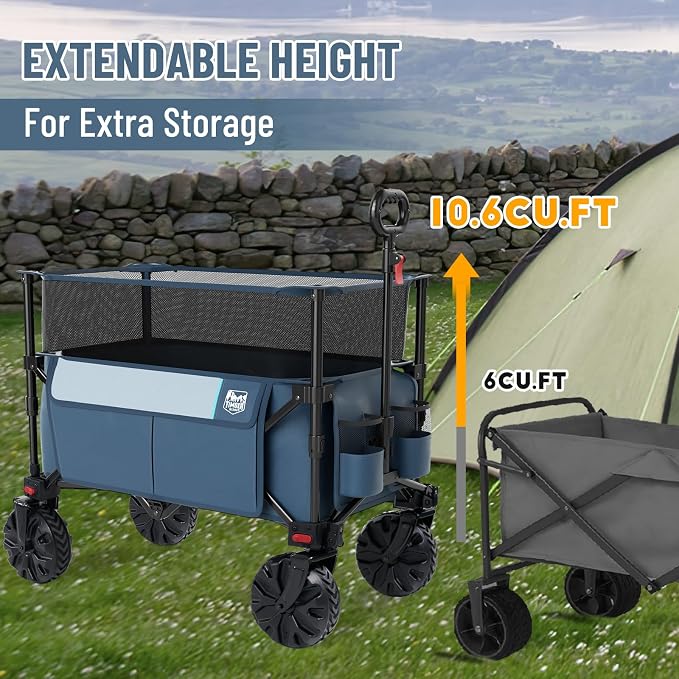 Timber Ridge Foldable Wagon 350L Extendable Height, Large Capasity Collapsible Wagon Cart with All Terrians Detachable Wheels, Compact Folding Utility Wagon for Camping, Fishing, Shopping Navy
