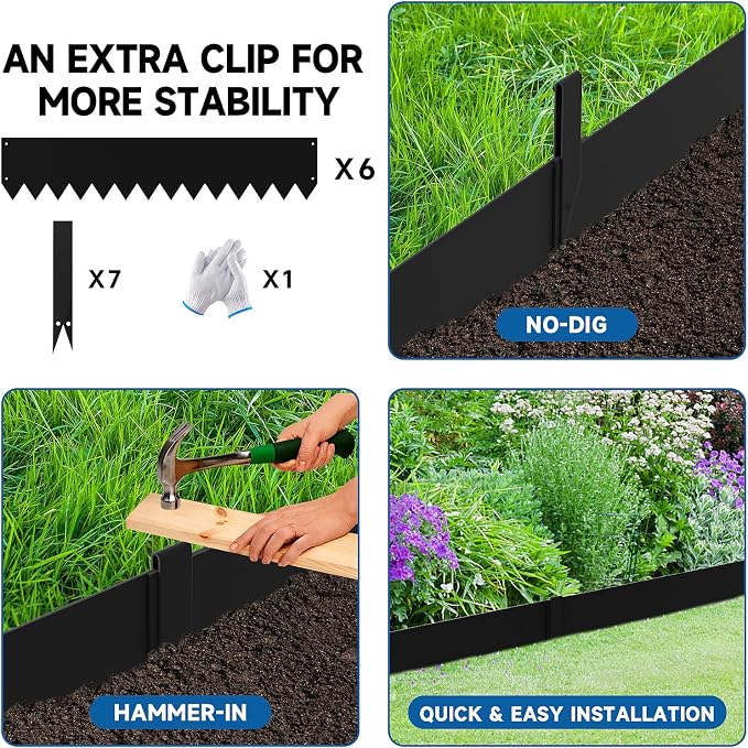 20Ft.Galvanized Steel Landscape Edging(6-Pack)-5"x40" Metal Garden Edging,7 Clips&Gloves,Hammer-in,No Dig,Rustproof,for Landscaping,Tree Rings,Garden,Yard&Pathway–Black