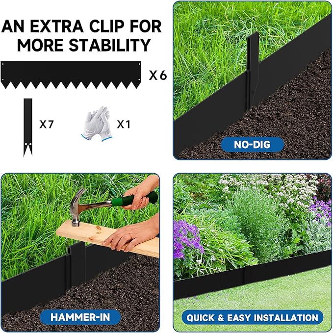 20Ft.Galvanized Steel Landscape Edging(6-Pack)-6"x40" Metal Garden Edging,7 Clips&Gloves,Hammer-in,No Dig,Rustproof,for Landscaping,Tree Rings,Garden,Yard&Pathway–Black