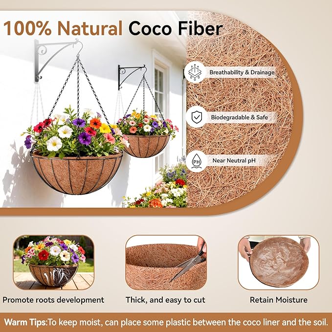 Halatool Multi-Pack Hanging Basket Kit - 4 Pack 12 Inch Wire Hanging Baskets with Coco Liners + 3 Pack 12 Inch Coconut Coir Replacement Liners for Plants, Indoor & Outdoor Garden, Patio, Balcony