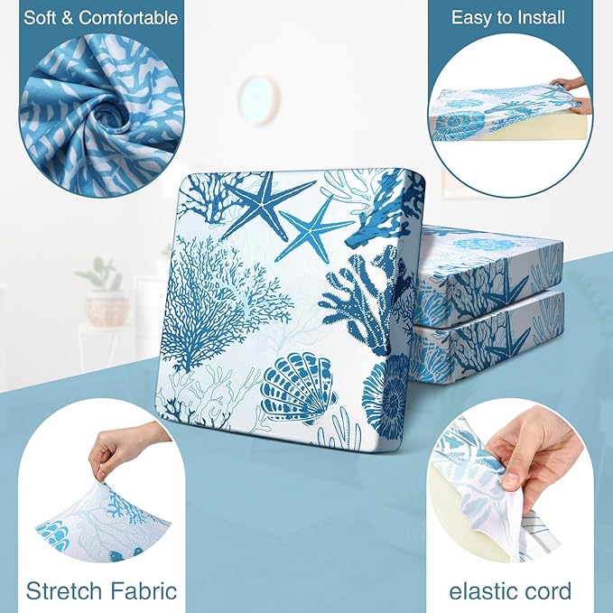 Newwiee 12 Pcs Patio Cushion Covers Outdoor Stretch Sofa Couch Cover Replacement Couch Slipcover Sofa Seat Chair Porch Patio Furniture Protector, Flexibility Washable(Light Blue,Ocean)