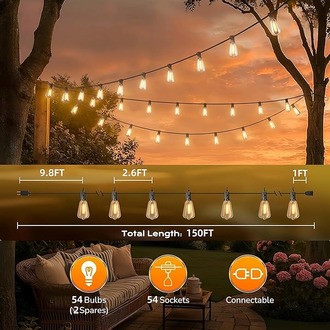GPATIO Outdoor String Lights, 150FT ST38 Bulbs Shatterproof Patio Lights, Waterproof Dimmable Outside Hanging Light, Connectable LED Outdoor Lights for Backyard, Porch, Party, Garden, Home Decor