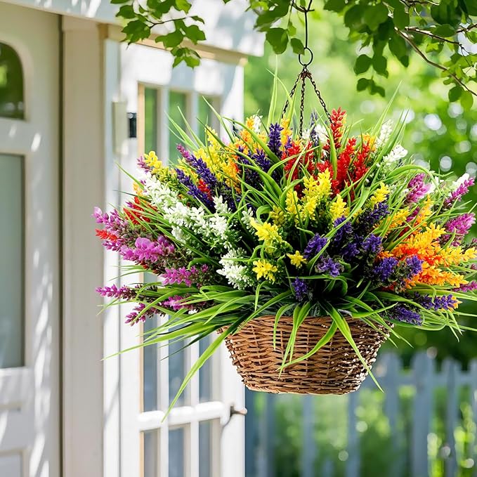 Geegoods Artificial Plants Flowers Outdoor – 24 Bundles UV Resistant Faux Lavender Flowers with Monkey Grass for Garden Porch Window Patio Hanging Planter Decor