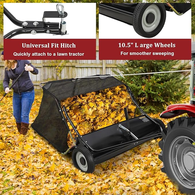 42" Large Capacity Pull Behind Lawn Sweeper with Adjustable Sweeping Height - Leaf & Grass Collector with Dumping Rope Design for Picking Up Grass and Debris