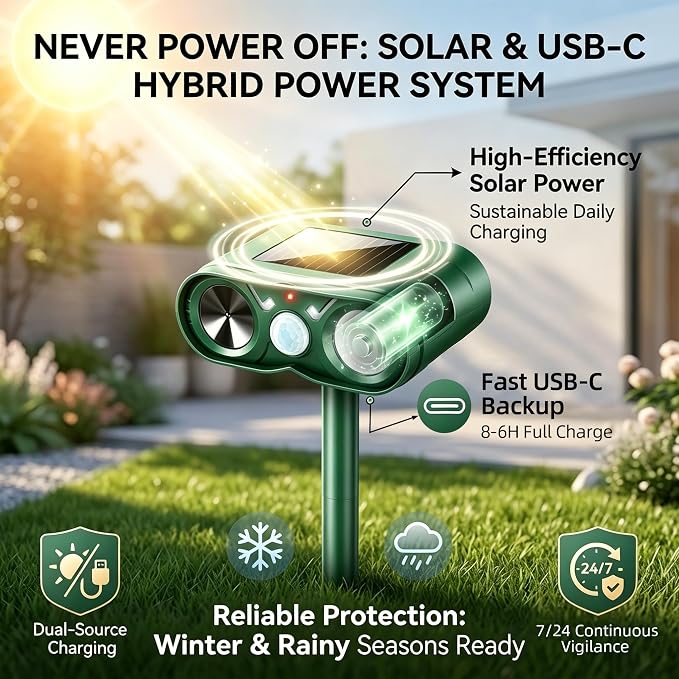 4Pack Upgraded Deer Repellent Devices Solar Ultrasonic Animal Repellent Outdoor with Motion Sensor Strobe Light for Squirrel Raccoon Rabbit Cat Deterrent Sonic Fortress Pro Keep Pests Out of Yard Farm