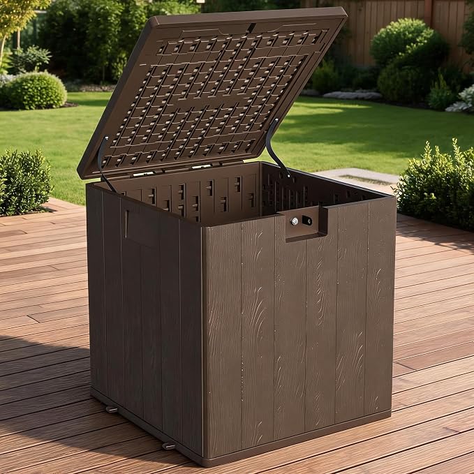 28 Gallon Outdoor Deck Box, Lockable Waterproof Outdoor Resin Box with Lid, Patio Storage Bin for Patio Furniture, Garden Tools, Pool Accessories - Brown