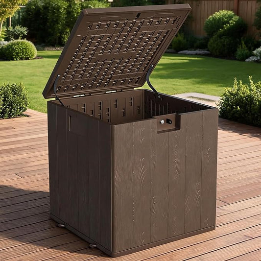 28 Gallon Outdoor Deck Box, Lockable Waterproof Outdoor Resin Box with Lid, Patio Storage Bin for Patio Furniture, Garden Tools, Pool Accessories - Brown