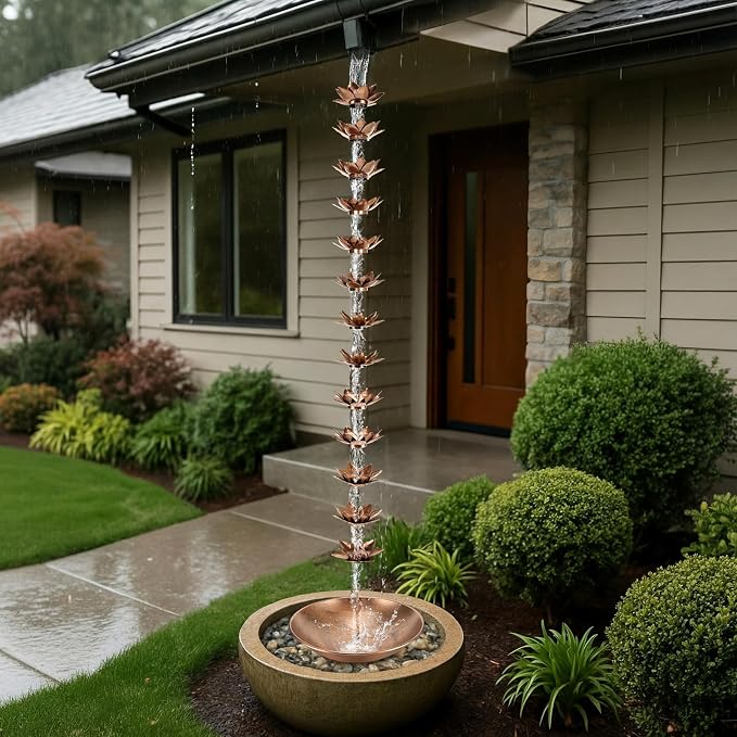 MorningRo 8.5ft Rain Chains for Gutters Outside with Anchor Basin 12 Cups Rain Chain Catcher Downspout Replacement Adjustable Metal Garden Rainwater Divert for Eaves Drainage(Flower)
