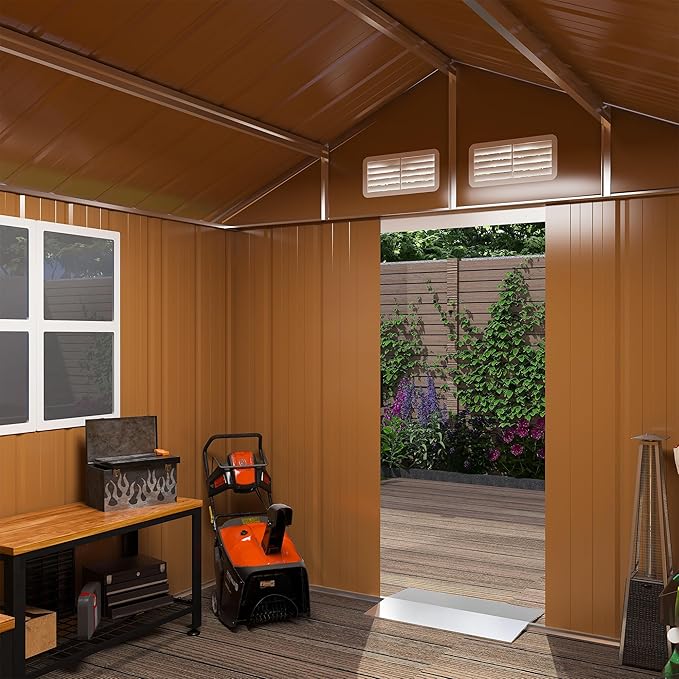 YOPTO 6X4 FT Heavy-Duty Metal Storage Shed with Windows,Waterproof Sheds & Outdoor Storage w/Rolling Door Lockable Door & Ventilation,Tool Organization,Sloped Roof,4-Season Ready,Brown