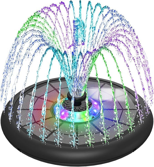 SZMP Powerful 5W Solar Powered Water Fountain for Bird Bath, Upgraded Glass Panel with Colorful Light Show, 7 Nozzles, Anti-Drift Fixer, 2000mAh Battery