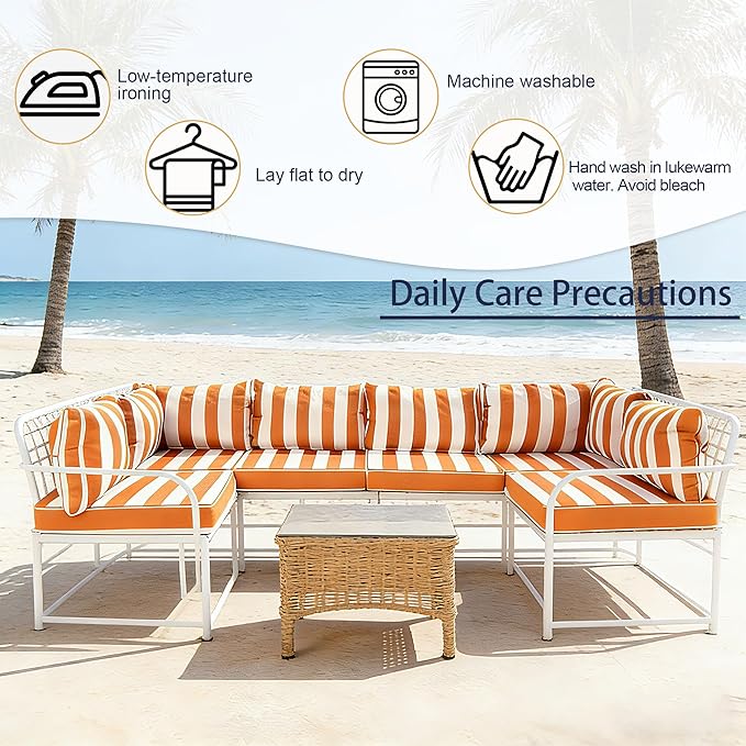 Outdoor Cushion Covers for Patio Furniture, Patio Cushion Covers Replacement with Zipper, Waterproof & Fade Resistant,Only Cover (Orange and White Stripes, 25.6Lx25.6Wx4H - Only Covers)