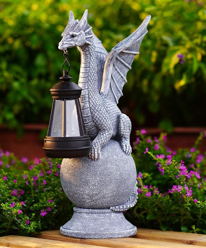 Solar Garden Dragon Statue: Outdoor Figurine with Lantern Lights | Weatherproof Resin Decorations, Home Yard Lawn Porch Balcony Patio Decor,Birthday Gifts for Mom Women Grandma