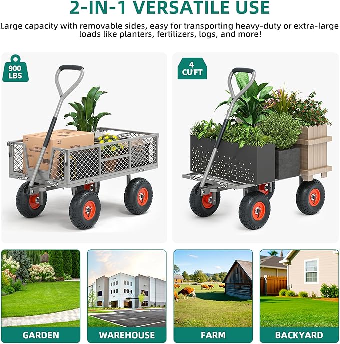 Heavy Duty 900 lbs Capacity Garden Cart Wagon with 10" Pneumatic Tires & Removable Mesh Sides - 180° Rotating Handle, 4 Cu.Ft Utility Wagon for Yard, Garden, Hauling, All Terrain Outdoor Use