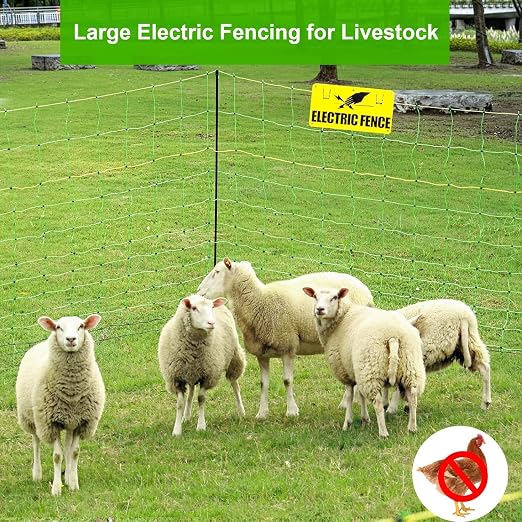 Electric Fence Netting,Livestock Neting,49.6" x 164' Portable Electric Net Fence for Goats,Sheep, Lambs,Hogs in Backyards,Farms,Ranches,Homesteads and Gardens,(14 Posts, 2 Spikes,Green)