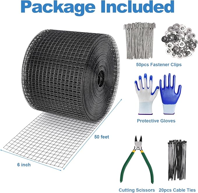 INCIKITI Solar Panel Bird Guard 6in x 50ft PVC Coated Solar Panel Bird Guard Mesh 1/2" Critter Guard with 50 Fastener Clips, 20 Tie Wire, Cutting Scissor, Gloves