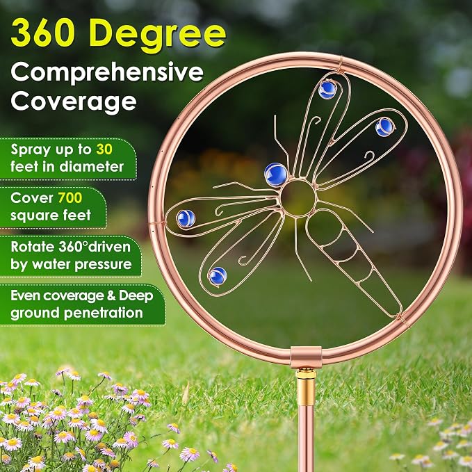 34" H Copper Coated Stainless Steel Ornamental Sprinkler, Corrosion Resistant Garden Rotating Sprinkler 360 Degree Shape Decorative for Lawn Garden Landscape(Dragonfly)