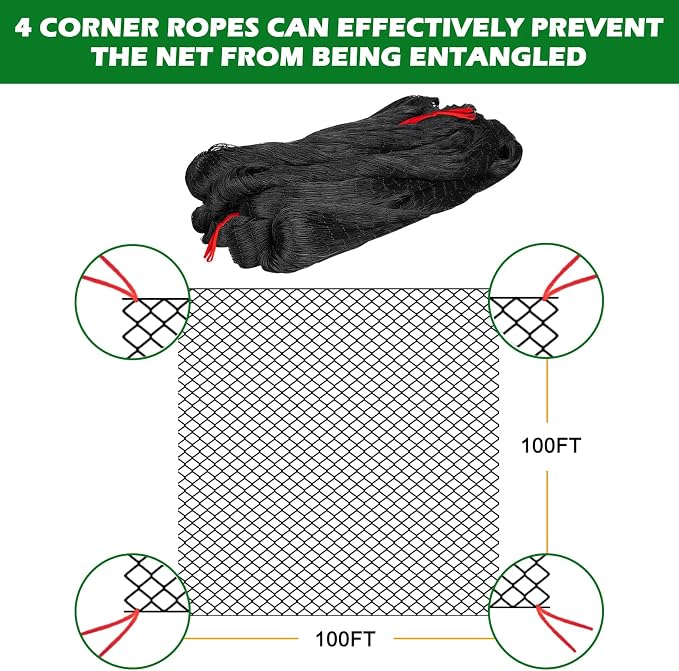BSTPCOO Chicken Netting Roof Hawk 100'x100' with 2" Mesh, Heavy Duty Bird Nettings for Garden with Birds Scare Tape, Nylon Bird Netting for Chicken Coop, Avian Nettings Deer Fence Fruit Tree Net