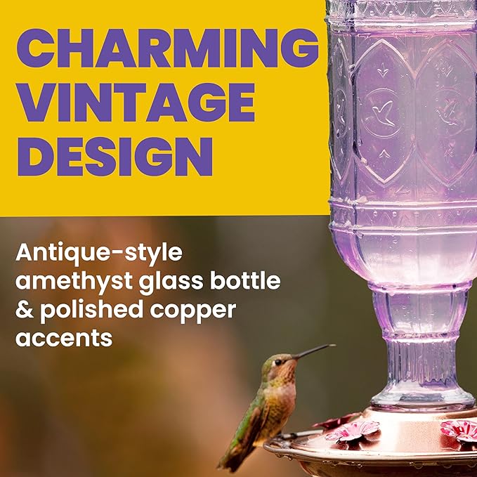 More Birds Amethyst Jewel Hummingbird Feeder - 77IN - 20 Fl Oz Nectar Capacity - Hummingbird Feeder for Outdoors - Feed 5 Hummingbirds - Vintage Design - Bird Backyard DÃcor