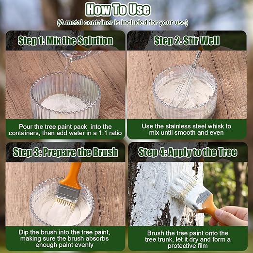 Kathfly Tree Paint Kit Tree Whitewash Trees Trunk Protection with Tinplate Containers, Whisk, Brush for Fruit Nut Ornamental Trees, Saplings, Garden, Yard, Orchard, Easy to Mix & Apply