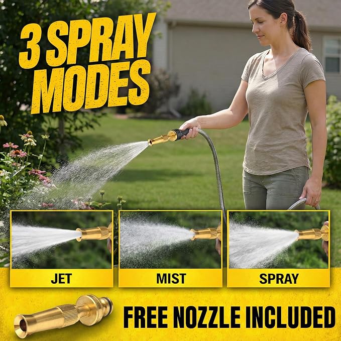 Bionic Steel PRO 50 Ft Metal Garden Hose with Nozzle, Water Hose Made from Heavy Duty 304 Stainless Steel, Flexible, Lightweight, Brass Fittings, Non Kinking, 500 PSI