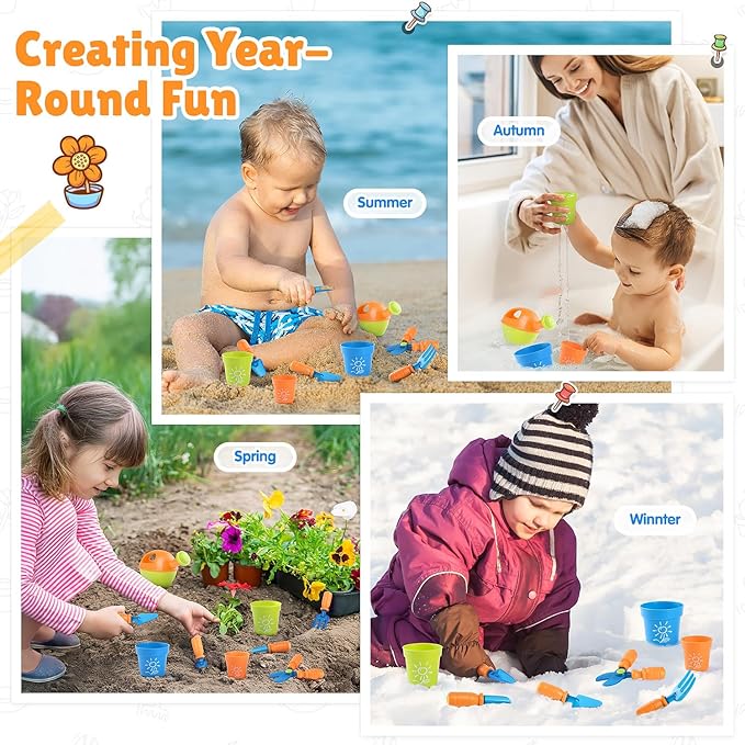 PLAY Kids Gardening Set, Garden Tool Set for Kids, Gardening Tools Kit with Shovel, Fork, Spade, Scissors, Flower Pot, Watering Can and Storage Box, Summer Outdoor Toys for Toddlers Boys Girls Gift