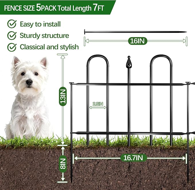 7ft(L) x 12.8in(H) 5 Panels Metal Decorative Garden Fence, No Dig Animal Barrier Fence, Garden Border Fence Panels with Ground Stake, for Pets, Flower Bed, Yard, Patio