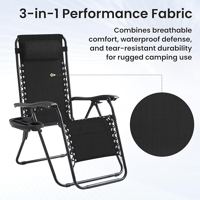 Zero Gravity Chair Set of 2 Oversized Folding Recliner, Padded Anti Gravity Lounge Chair with Adjustable Pillow & Cup Holder for Outdoor Camping, Patio, Poolside, Lawn (Black)