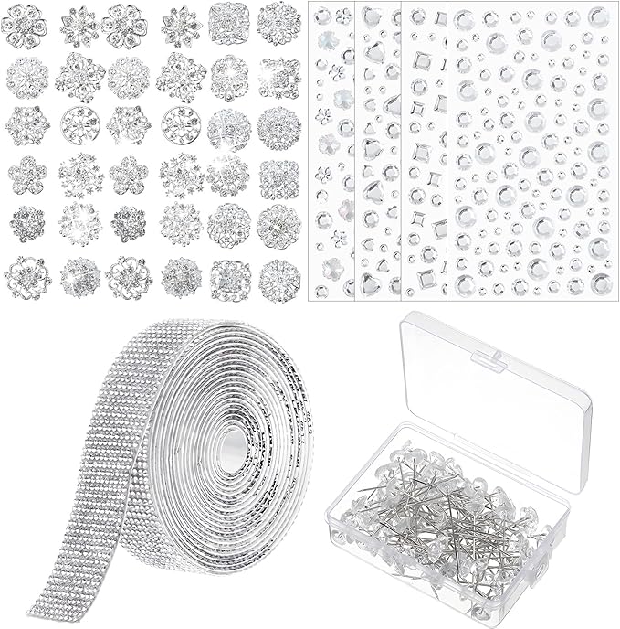 Quelay 141 Pcs Bouquet Pins Flower Brooch Wedding Bouquet Kit Self Adhesive Crystal Rhinestone Ribbon Bling Jewels Stickers for Wedding Birthday DIY Art Crafts Decoration Supplies