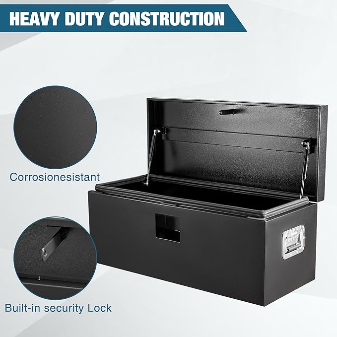 Heavy Duty Steel Truck Toolbox – 76x38x38cm – Gas Shock Lid – t-Handle Lock – Weatherproof Rubber Seal – Secure Underbody Storage Chest – Fits Pickup, Truck Bed, RV, Trailer