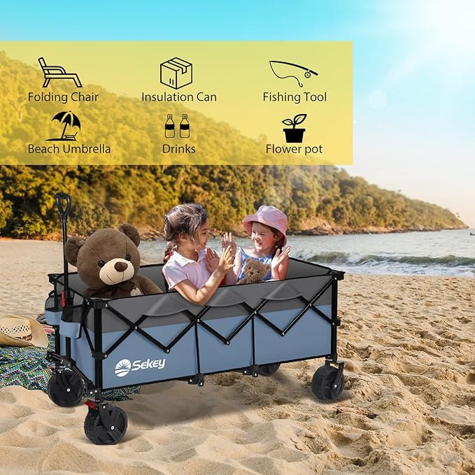 Sekey 48''L Collapsible Foldable Extended Wagon with 660lbs Weight Capacity, Heavy Duty 300L Folding Utility Garden Cart with Big All-Terrain Beach Wheels & Drink Holders. Blue&Grey